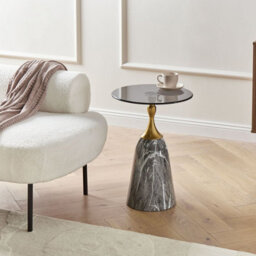 Wyld And Coco Compact Round Side Table Grey - Tempered Glass Top, Marble-Effect Iron Base, 40Cm. - thumbnail 2
