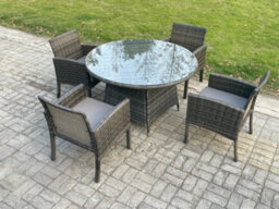 Fimous Wicker Pe Outdoor Rattan Garden Furniture Arm Chair And Table Dining Sets 4 Seater Large Round Table Dark Grey Mixed - thumbnail 2