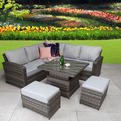 Signature Weave Georgia Wicker Corner Sofa Lift Dining Table + 2X Ottomans Grey - image 1