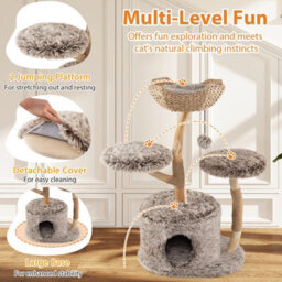 Costway Wood Cat Tree Tower Multi-Level Kitten Activity Center-Natural - thumbnail 8