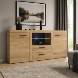Rumba Sideboard Modern 2 Drawer Chest 157 Cm Wide Durable Laminated Finish For Living Or Dining Oak Lefkas