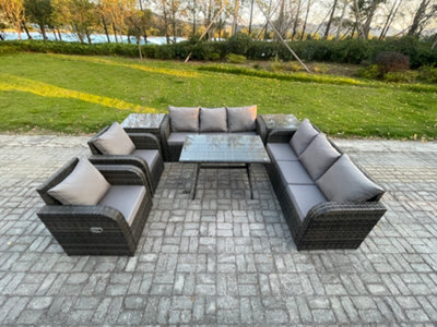 Fimous 8 Seater Rattan Outdoor Garden Furniture Sofa Set Patio Table & Chairs Set With 3 Seater Sofa Dining Table 2 Side Tables - image 1