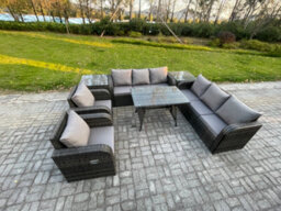 Fimous 8 Seater Rattan Outdoor Garden Furniture Sofa Set Patio Table & Chairs Set With 3 Seater Sofa Dining Table 2 Side Tables - thumbnail 2