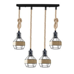 Industrial Hemp Rope Pendant Light E27 Modern 4 Way Metal Retro Ceiling Lamp - thumbnail 1