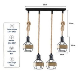 Industrial Hemp Rope Pendant Light E27 Modern 4 Way Metal Retro Ceiling Lamp - thumbnail 4