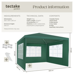 Tectake Gazebo Barinas With 3 Side Panels, Water-Resistant, 3X3M 300 X 300 X 250 Cm - Green - thumbnail 6