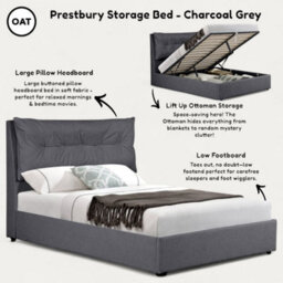OAT Home Prestbury Modern Pillow Headboard Upholstered Ottoman Storage King Size Bed Frame - Charcoal Grey - thumbnail 8