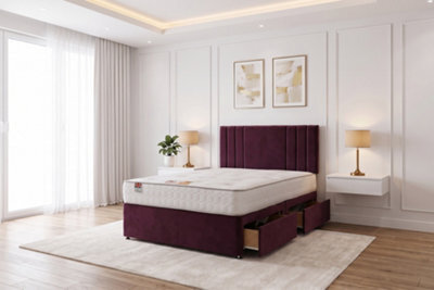 "Knight Sleep Sky Aubergine Plush Bed Set With Mattress, 2 Drawers Same Side & 24""headboard, 4Ft6 - Double" - image 1