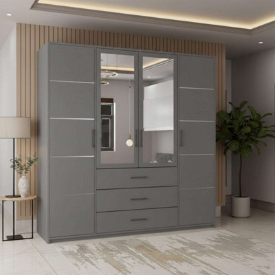 M N Furniture Ltd Bruno Modern 4-Door Wardrobe With Mirror With 3 Storage Drawers, Spacious Design - Grey W200Cm X H200Cm - image 1