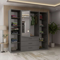 M N Furniture Ltd Bruno Modern 4-Door Wardrobe With Mirror With 3 Storage Drawers, Spacious Design - Grey W200Cm X H200Cm - thumbnail 3