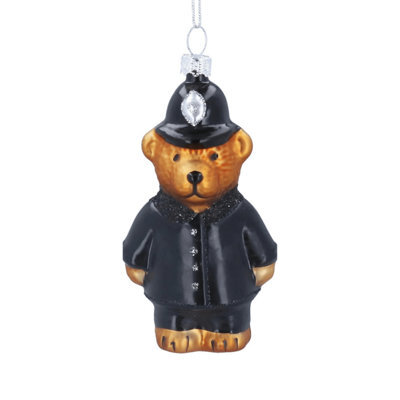 Gisela Graham Christmas Glass Police Bear Hanging Tree Decoration 11.5 X 5.5 Cm Silver
