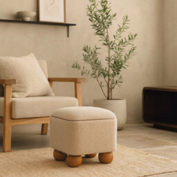 Wyld Haus Wailea Grey Boucle And Mango Wood Footstool With Ball Feet - thumbnail 1
