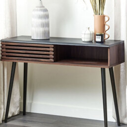 Wyld And Coco 110 X 40 Cm Dark Brown Rustic Console Table With Sliding Door And Hidden Shelf - thumbnail 2
