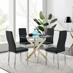 Furniturebox Uk Novara Gold Metal Round Glass Dining Table And 4 Black Milan Dining Chairs