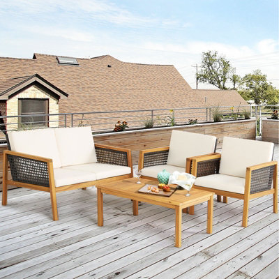 Costway 4 Pcs Patio Acacia Wood Furniture Set Outdoor Rattan Sofa Chair Table Set - image 1