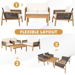 Costway 4 Pcs Patio Acacia Wood Furniture Set Outdoor Rattan Sofa Chair Table Set - thumbnail 8