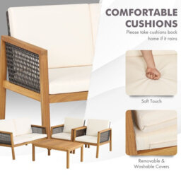 Costway 4 Pcs Patio Acacia Wood Furniture Set Outdoor Rattan Sofa Chair Table Set - thumbnail 6