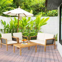 Costway 4 Pcs Patio Acacia Wood Furniture Set Outdoor Rattan Sofa Chair Table Set - thumbnail 4