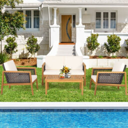 Costway 4 Pcs Patio Acacia Wood Furniture Set Outdoor Rattan Sofa Chair Table Set - thumbnail 5