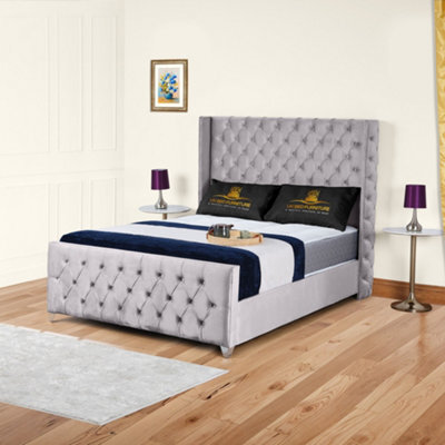 UKBEDFURNITURE Windsor Wingback Silver Plush Valvet Upholstered Bed Frame Only - Slatted Base - 48 Inch Headboard - image 1