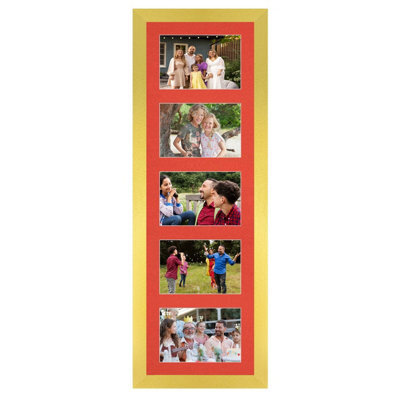 AK Frames 26X8 Gold Modern Multi Photo Frame With Poppy Red Mount - Holds 5 Apertures (5X) 6X4 Photos - image 1