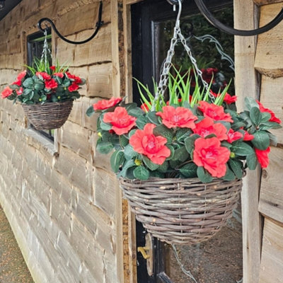 Best Artificial Red Azalea Flower With Rattan Wicker Hanging Basket For Indoor Or Outdoor Use - image 1