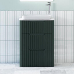 Royal Bathrooms Avenza 600mm Deep Moss Green Floor Standing Countertop Bathroom Vanity Unit 3 Drawer With Qubix Basin - thumbnail 1