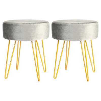 Harbour Housewares 2X Velvet Footstools - Round Modern Dressing Table Footstool Vanity Seat Chairs - 40 X 35Cm - Grey/gold - image 1
