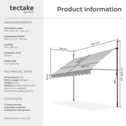 Tectake Awning With Hand Crank - Pressure Fitted , Height Adjustable 300 X 180 Cm - Light Grey - thumbnail 6