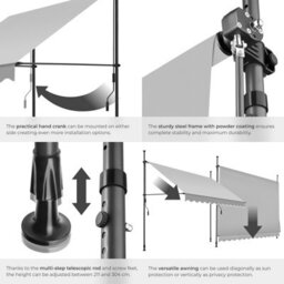Tectake Awning With Hand Crank - Pressure Fitted , Height Adjustable 300 X 180 Cm - Light Grey - thumbnail 5