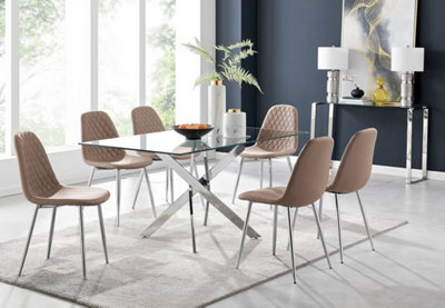 Furniturebox Uk Leonardo Glass And Chrome Metal Dining Table And 6 Cappuccino Beige Corona Silver Chairs - image 1