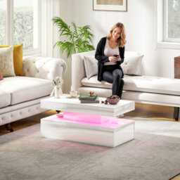 Homcom Led Coffee Table With Storage, High Gloss Living Room Table, White - thumbnail 2