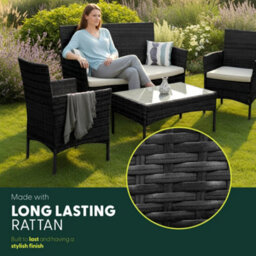 Keplin 4-Piece Rattan Garden Furniture Set Outdoor Lounger Sofa, Stackable Chairs & Bistro Table Uv-Resistant, Black - thumbnail 4