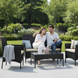 Keplin 4-Piece Rattan Garden Furniture Set Outdoor Lounger Sofa, Stackable Chairs & Bistro Table Uv-Resistant, Black - thumbnail 6