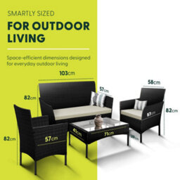 Keplin 4-Piece Rattan Garden Furniture Set Outdoor Lounger Sofa, Stackable Chairs & Bistro Table Uv-Resistant, Black - thumbnail 2