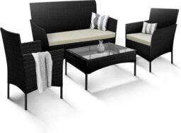 Keplin 4-Piece Rattan Garden Furniture Set Outdoor Lounger Sofa, Stackable Chairs & Bistro Table Uv-Resistant, Black