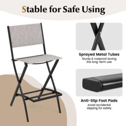 Costway Set Of 4 Outdoor Bar Chair Folding Bar Height Stool With Metal Frame & Footrest Grey - thumbnail 8