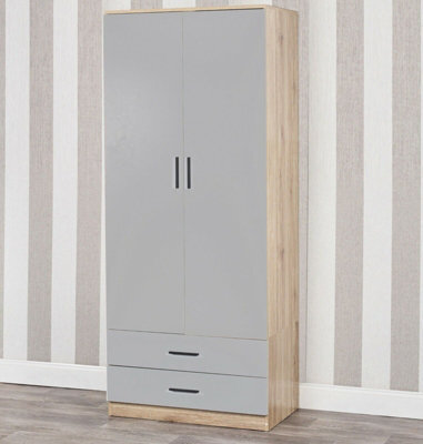Urbnliving 180Cm Tall Wooden 2 Door Wardrobe Oak Carcass And Grey Drawers With 2 Drawers Bedroom Storage Hanging Bar Clothes - image 1