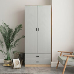 Urbnliving 180Cm Tall Wooden 2 Door Wardrobe Oak Carcass And Grey Drawers With 2 Drawers Bedroom Storage Hanging Bar Clothes - thumbnail 2