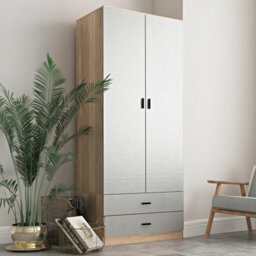 Urbnliving 180Cm Tall Wooden 2 Door Wardrobe Oak Carcass And Grey Drawers With 2 Drawers Bedroom Storage Hanging Bar Clothes - thumbnail 3