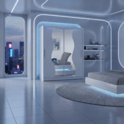 Westa S White Sliding Door Wardrobe With Mirror Shelves Hanging Rail Bedroom Clothes Storage Unit With Led Rgb - thumbnail 2