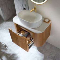 Homestylestore 800mm Oak Wall Hung Fluted Bathroom Vanity Unit And Oval Basin - thumbnail 2