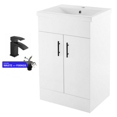 FNX Bathrooms 500mm White Gloss Cloakroom Vanity Unit & Basin Set With Matt Black Handles & Tap - image 1