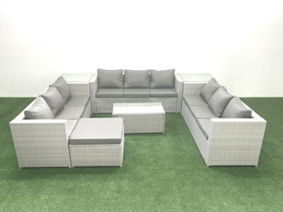Fimous Rattan Garden Outdoor Furniture Set 10 Seater Garden Sofa Coffee Table Set Big Stool 2 Side Tables Light Grey - image 1