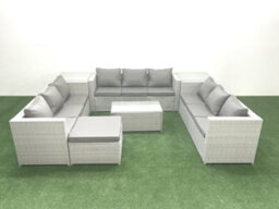 Fimous Rattan Garden Outdoor Furniture Set 10 Seater Garden Sofa Coffee Table Set Big Stool 2 Side Tables Light Grey - thumbnail 1