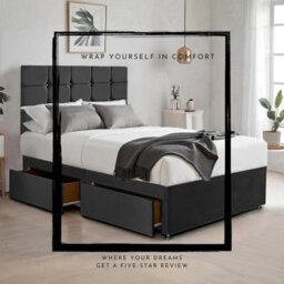 Black Plush 4Ft Small Double Bed With Matttress  2 Storage Drawers And 20 Inch Cubic Headboard - thumbnail 4