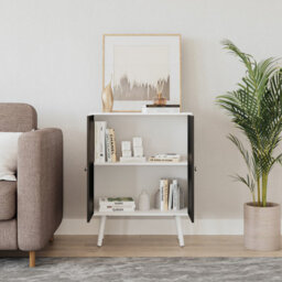 Urbn-Living Urbnliving 60Cm Height 2 Tier White Wooden Bookcase With Black Door Scandinavian Style White Legs Bedroom Shelf - thumbnail 2