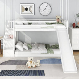Btm Bunk Bed With Slide And Stairs White Solid Pine Frame With Step Drawers For Kids Bedroom 90X190Cm