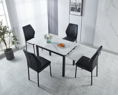 Modernique Sintere Stone Top Extending Dining Table Set With 4 Faux Leather Chairs, Stone Effect & Metal Frame - image 1
