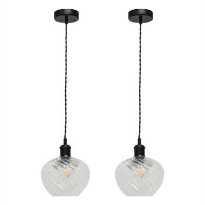 First Choice Lighting Set Of 2 Bradson - Clear Swirl Glass Black Retro Pendant Fittings - image 1